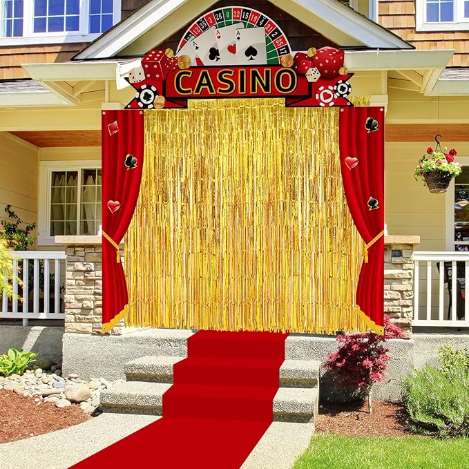 VitalCozy 7pcs Casino Party Decorations Casino Night Party Porch Banners Red Rug Gold Foil Fringe Backdrop Curtains for Las Vegas Poker Dice Birthday Halloween Photo Background Door Entryway Decor