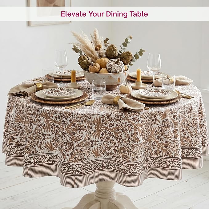 ATOSII Nargis Cider 100% Cotton Round Boho Fall Tablecloth, Handblock Floral Table Cloth Linen for Kitchen Dining I Parties Weddings Outdoors Picnics Easter Mothers Day I 72" Inches Round I 4 Seater