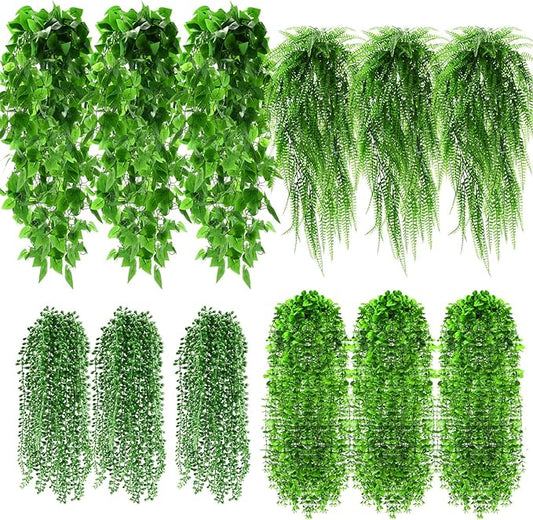 Daifunli 12 Pcs Artificial Hanging Plants Fake Hanging Ferns Plastic Faux Plants for Wall Room Garden Garland Indoor Outdoor Decor No Basket (Boston,Eucalyptus,Ivy Vine,String of Pearls)