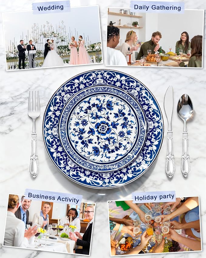 Hioasis 60pcs Blue Plastic Plates Set - Floral Blue & White Porcelain Design, 10.25" Dinner & 7.5" Dessert Plates Disposable for 4th ofJuly & Wedding (Dishwasher Safe, Art Style)