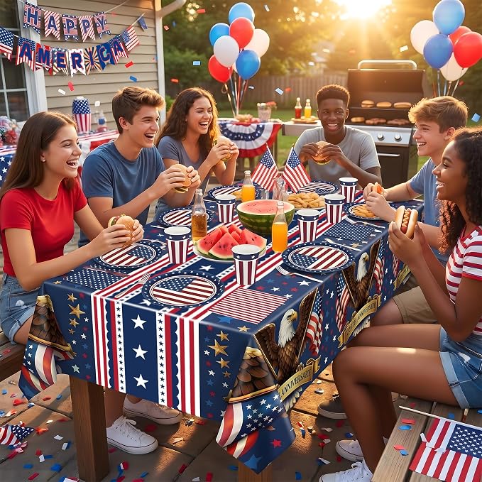 140 Pack 250th Anniversary Decorations- Serve 24 - Patriotic Plates Tablecloth Napkins Cups Banner | 4th of July Accessories for 250th Anniversary Merchandise Home Indoor Outdoor