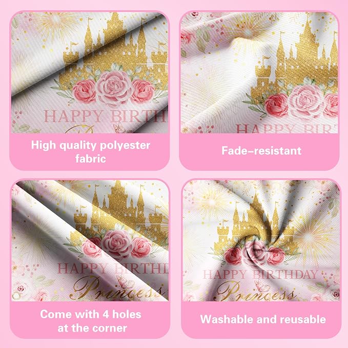 Happy Birthday Decorations For Women Men,Birthday Backdrop,Banner Balloons,Table Cloth,Paper pom poms Party Supplies for Girls Boys (Princess)