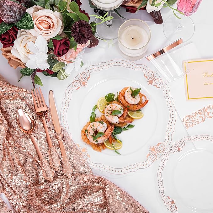 Ciaell 175 PCS Rose and Gold Plastic Plates - Fancy Rose Gold Disposable Dinnerware Set with of 50 Plates, 25 Knives, 25 Forks, 25 Spoons, 25 Cups, 25 Napkins for Wedding & Party & Mother's Day