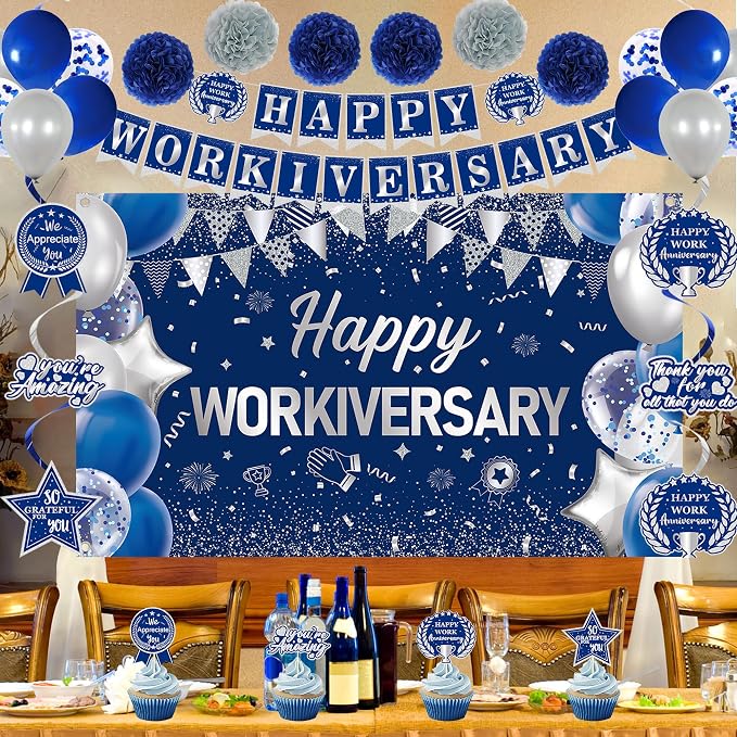 DARUNAXY Happy Workiversary Party Decorations for Men Women, Blue Silver Happy Work Anniversary Banner Cake Topper Hanging Swirl Confetti Balloons Decor Set for Employee Office Party Supplies(31PC)