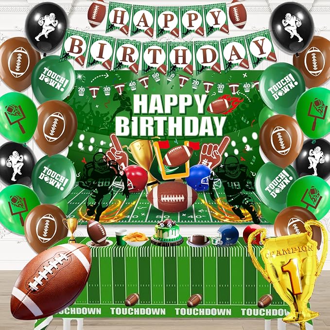 Football Birthday Decorations For Men,Happy Birthday Backdrop,Banner Balloons,Table Cloth,Paper pom poms Party Supplies for Boys