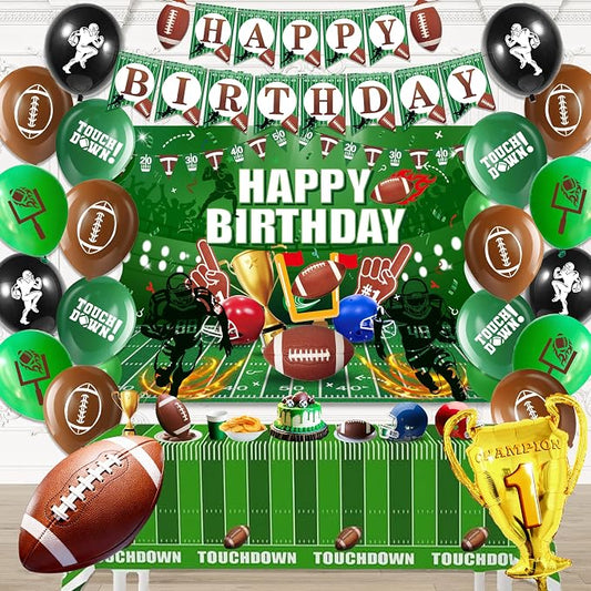 Football Birthday Decorations For Men,Happy Birthday Backdrop,Banner Balloons,Table Cloth,Paper pom poms Party Supplies for Boys