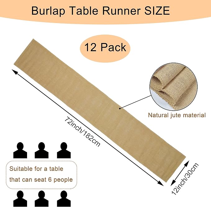 12 Pack Natural Burlap Table Runners,12 x 72 Inch Rustic Jute Table Runner and Placemats Bulk for Western Wedding Table Decorations,Farmhouse Style Party,Holiday,Kitchen Coffee Table Decor Cover