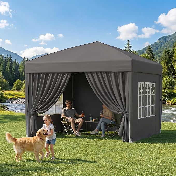 KIGOTY 10x10 FT Portable Pop Up Canopy Tent, Adjustable Height Instant Gazebo with Sidewalls, One-Push Setup Outdoor Canopy for Camping, Parties, Vendor Events (Grey, 3m × 3m)