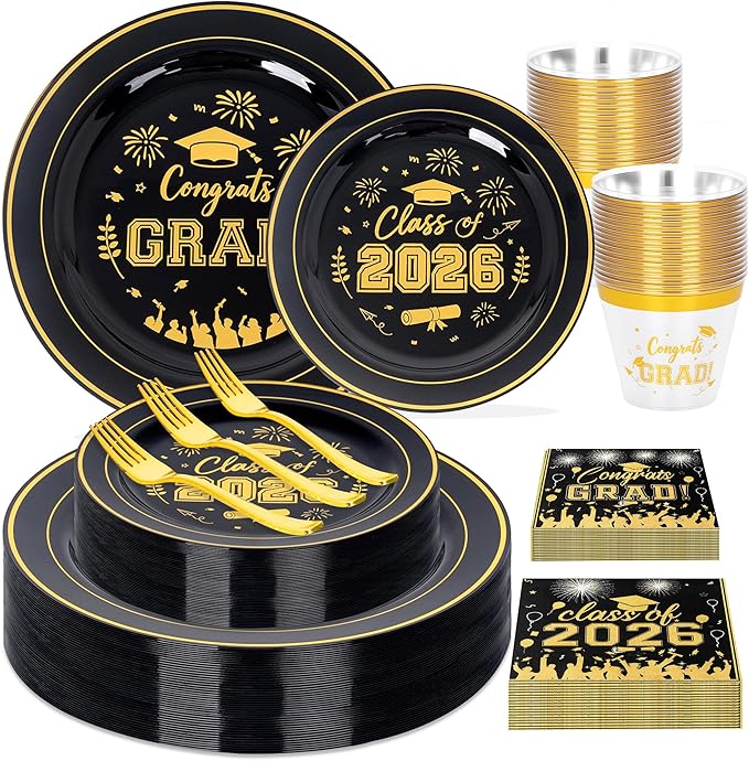 150 Pcs 2026 Graduation Plastic Plates with Disposable Silverware Serves 30 Guests, Black Gold Graduation Disposable Plates Including 30 Dinner&Dessert Plates, Cups, Napkins, Gold Forks for Party