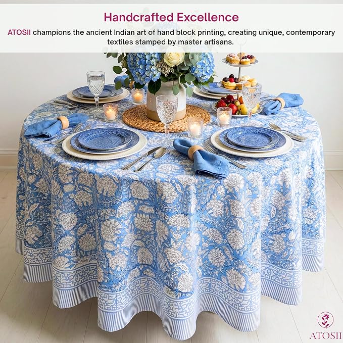 ATOSII Azora Blue 100% Cotton Round Tablecloth, Handblock Print Floral Table Cloth for Kitchen Dining Linen I Parties, Weddings, Outdoors I 72" Inches Round