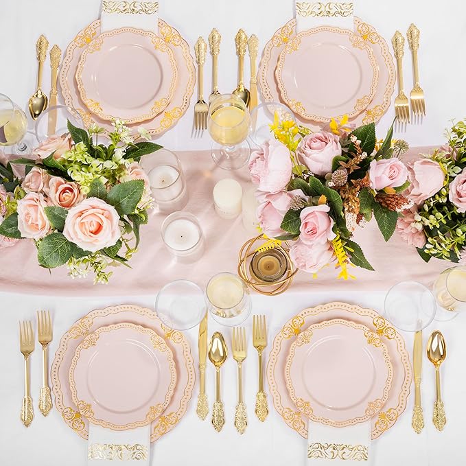Ciaell 175 PCS Pink and Gold Plastic Plates - Fancy Gold Disposable Dinnerware Set with of 50 Plates, 25 Knives, 25 Forks, 25 Spoons, 25 Cups, 25 Napkins for Party & Weddings & Mother's Day