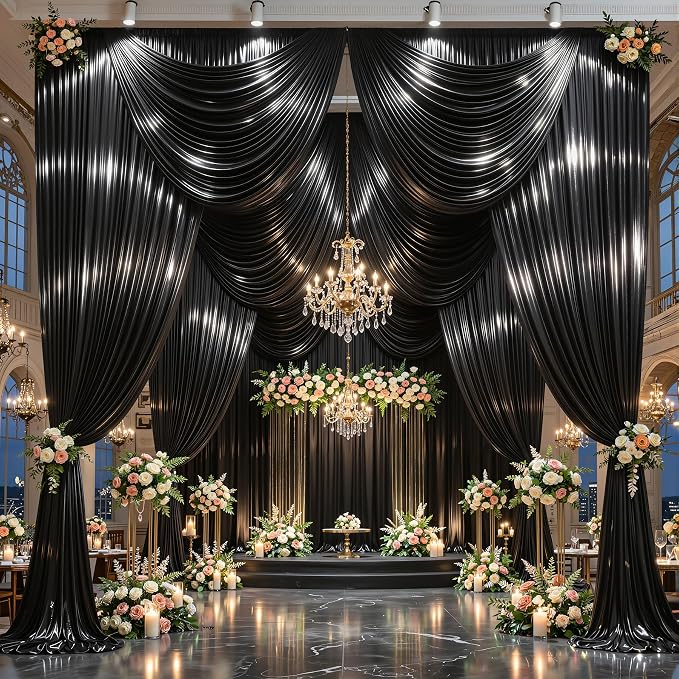 40x10ft Black Glitter Backdrop Curtain for Parties, Wrinkle Free Satin Photo Backdrop Drapes 8 Panels 5x10FT Shimmer Back Drop Cloth for Wedding Birthday Baby Shower Photography Background Decor