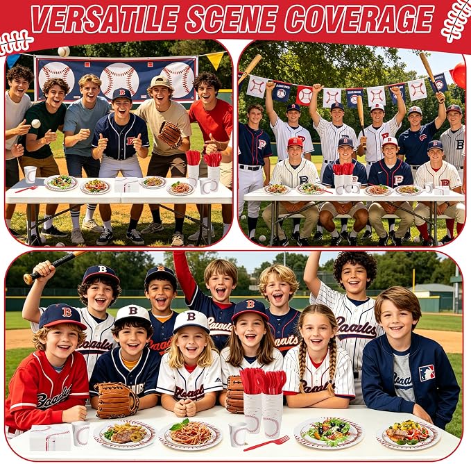 400 Pcs Disposable Baseball Party Tableware Set for 50 Guests | Heavy-Duty 7" & 9" Paper Plates, Cups, 13" Napkins & Plastic Cutlery for Game Day and Birthday Party Supplies
