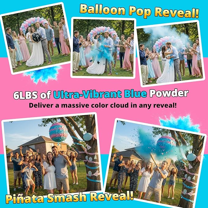Baby Boy Gender Reveal Powder – 6 lbs, Blackout Bags, Vibrant Blue Powder for Tire Burnout Smoke, Exhaust Color & Target to Shoot. Leakproof & Non-Toxic Party Kit. 2 x 3LB + Gender Reveal Idea Guide