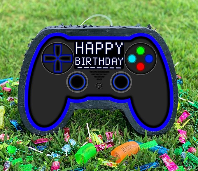 Jergrim Blue Video Game Controller Piñata (Small Stick Included) 17”x11”x 3” Perfect for Birthday Gamer Parties, Party Decor, Gaming theme parties and other Decorations