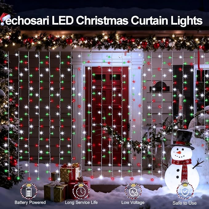 echosari Red White and Green Christmas Curtain Lights Battery Operated, 300 LED Fairy Curtain Lights 9.8Ft x 9.8Ft Hanging Lights with Remote Timer for Party Holiday Garden Yard Decor