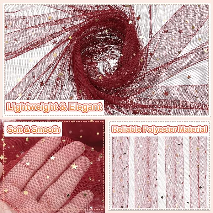 uxcell 60" x 8.7 Yard Tulle Fabric Star Moon Sequin Tulle Ribbon Rolls for Wedding Party Backdrop Stage Tutu Dress Bridal Veil DIY Sewing Crafts Decoration, Burgundy