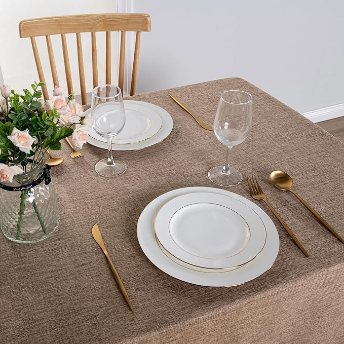 Hiasan 2 Pack Faux Linen Rectangle Tablecloth - Wrinkle and Stain Resistant Washable Table Cloth for Kitchen Dining Room Holiday Table Cover for Party Dinner, Khaki, 60 x 102 Inch