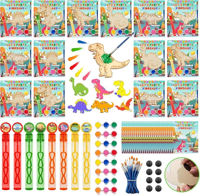HandTool Dinosaur Party Favors for Kids,Dino Party Favors with 24PCS Wooden Dinosaur Crafts to Paint,Paint Sets,Bubble Wands,Magnets,DIY Cards and OPP Bags,Birthday Supplies for Kids Classroom Rewards