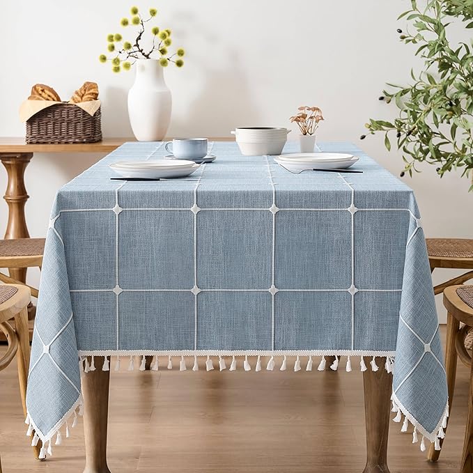 ZeeMart Boho Grid Table Cloth with Tassels (Blue, 52" x 52"), Heavy Weight Linen Checked Embroidered Farmhouse Tablecloth, Water Resistant Square Dusty Blue Tablecloths