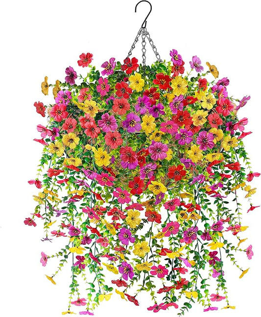 Der Rose Artificial Hanging Flower Basket for Outdoors Fake Hanging Flowers Plants with 4 Faux Silk Trailing Vines for Porch Patio Balcony Spring Decor