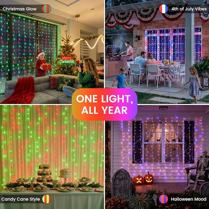 HEYFUNi Smart RGB-IC Curtain Lights Plug in App Control, 8.2x6.6ft 280 LED | Waterfall Lights with Music Sync, Warm White & Color Changing Curtain Lights with 2.4G Remote, DIY Modes for Bedroom Party