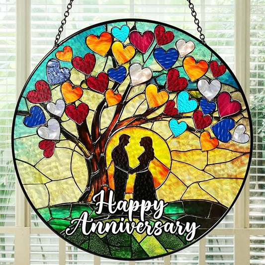 Happy Anniversary Stained Glass Suncatcher, Romantic Anniversary Wedding Gift for Wife, Husband, or Couples, Wedding Anniversary Celebration Keepsake Decoration