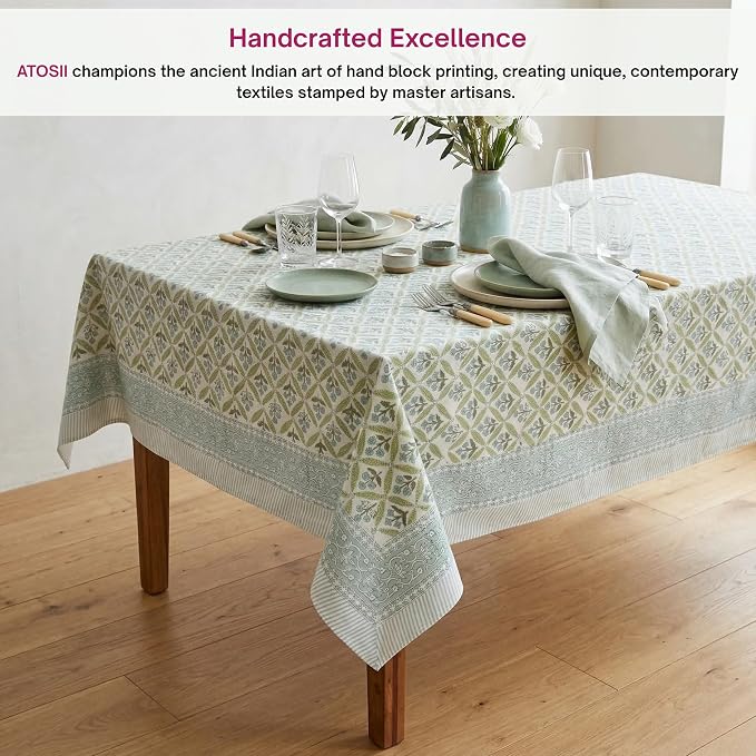 ATOSII Netta Green 100% Cotton Rectangle Spring Summer Tablecloth, Handblock Floral Print Linen Table Cloth for Kitchen Dining I Parties, Weddings, Outdoors, Easter Decor 60 X 108 Inches, 8 Seater