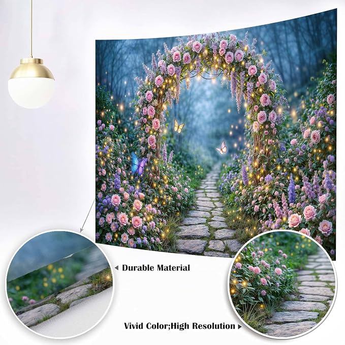 9x6ft Enchanted Forest Backdrop Fairy Tale Magic Garden Floral Arch Butterfly Photography Background for Kids Girls Baby Shower Birthday Party Decoration Photo Booth Props