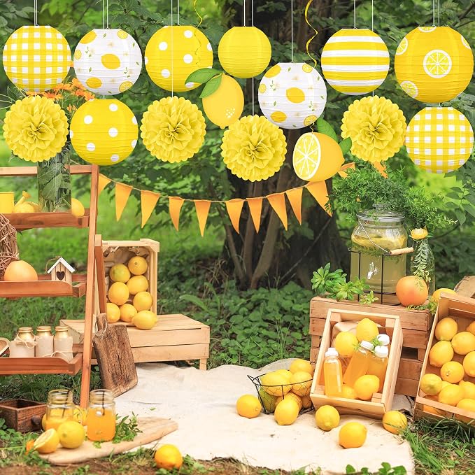 Renbuzhu 15PCS Summer Lemon Party Decorations Paper Lanterns Pom Poms Hanging Swirls Yellow Theme Lemonade Stand Italian Decor for Birthday Home Backyard Indoor Outdoor
