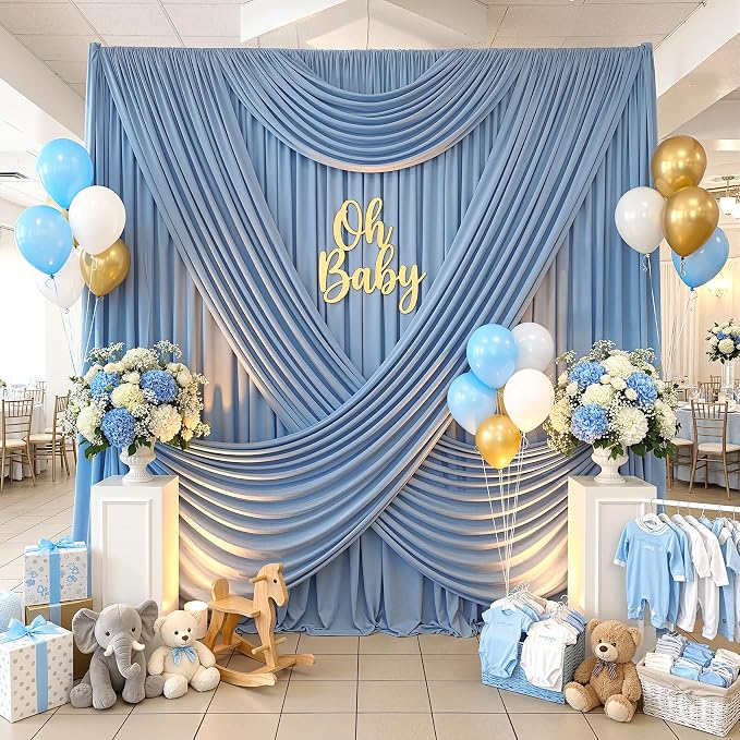 50ftx12ft Wrinkle Free Dusty Blue Backdrop Curtain, 10 Panels 12FT Height Wedding Backdrop Drapes, Silky Polyester Back Drop Cloth for Birthday Photography Background Party Backdrop Draping