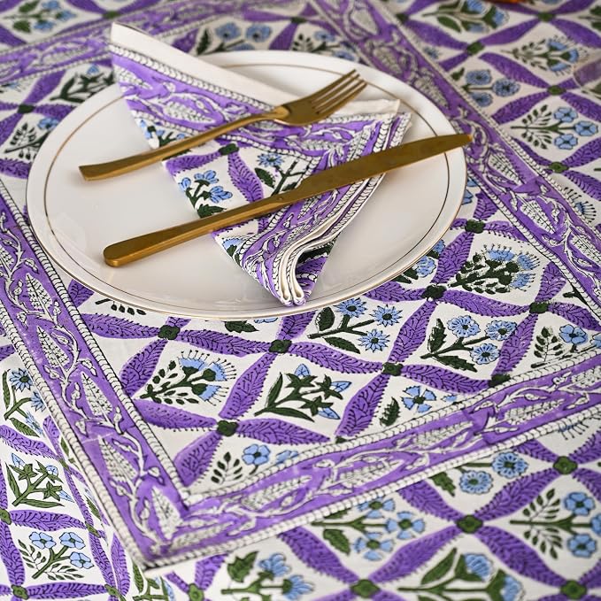 Hand Block Printed Tablecloth – Colorful Floral Print | 100% Cotton | Indian Artisan Handmade Art | Dining Room, Kitchen, Outdoor Décor, (Royal Purple Flora, 4 Seater 60 Inches Round)