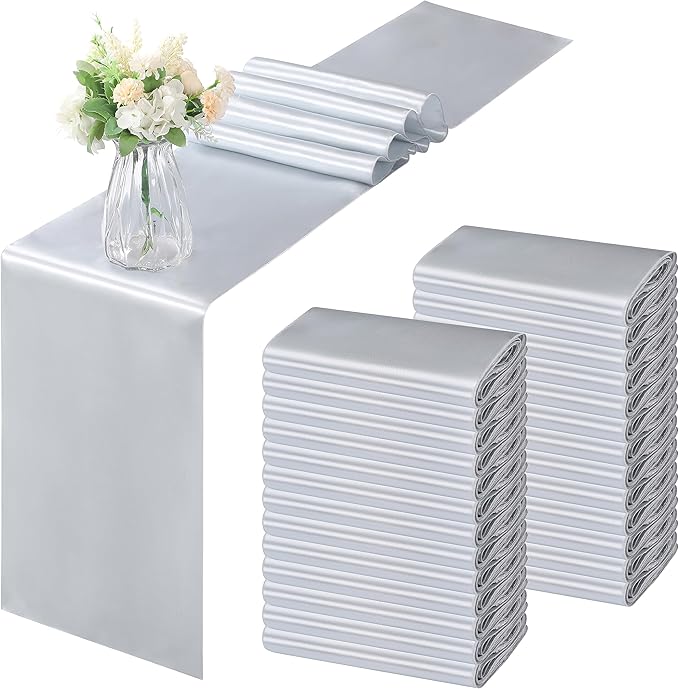 Horbaunal 24 Pack Silver Satin Table Runner 12 x 108 Inch, Smooth Table Runners for Wedding Banquets Birthday Party