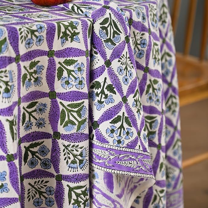 Hand Block Printed Tablecloth – Colorful Floral Print | 100% Cotton | Indian Artisan Handmade Art | Dining Room, Kitchen, Outdoor Décor, (Royal Purple Flora, 4 Seater 60 Inches Round)
