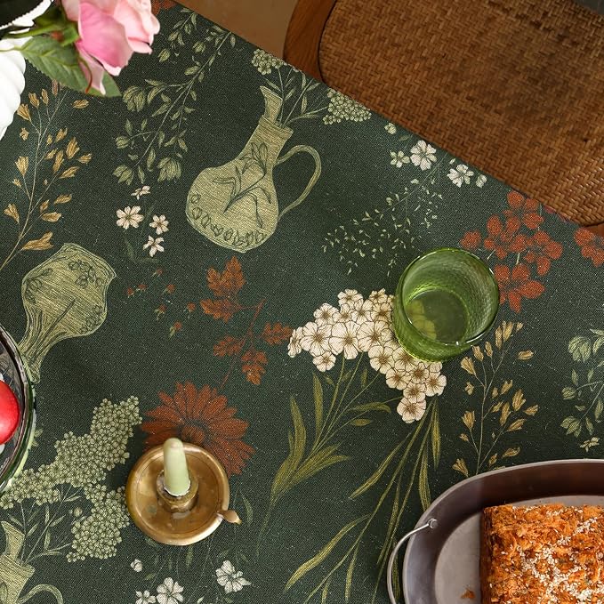 ISAENNE Designer Linen Green Rectangular Tablecloth,71"x55"-Nocturne | Vintage Elegant Table Cloth Rectangle Table,Floral Pattern,Decoration,Heavyweight,Dining,Kitchen,Tea Party,Thanksgiving