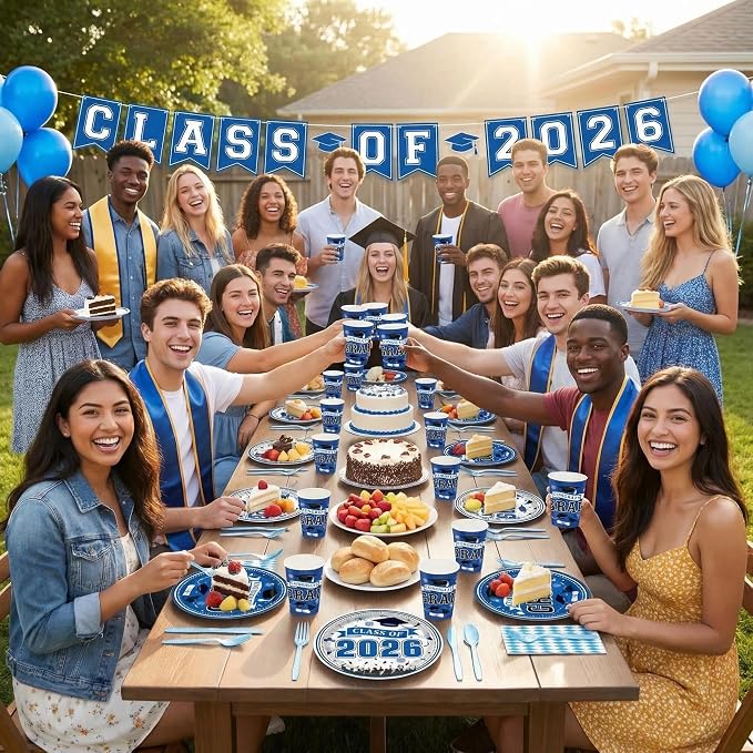 168PCS 2026 Blue Graduation Party Tableware Set Serves 24 Guests, Paper Plates Cups Napkins Cutlery for Small Family High School College Grad Party Decor