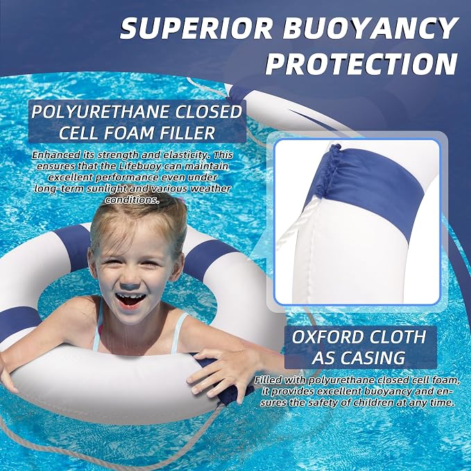 Calvana 20" Foam Life Preserver Ring with 98.4ft Floating Lifesaving Rope, Throwable Flotation Device, Pool Safety Float, for Buoy and Swimming Decoration, Boat Safety Equipment