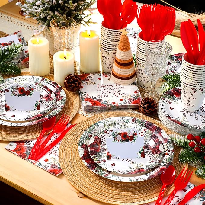Shellwei 410 Pcs Rose Floral Wedding Paper Plates and Napkins Disposable Cheers to Love Tableware Set Red Floral Bridal Shower Party Supplies with Cups Knives Forks Spoons Seat Cards for 50 Guests