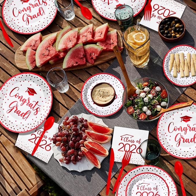 175pcs Class of 2026 Graduation Plates and Napkins Set, Disposable Paper Plate Set Polka Dots Napkins Cups Knife Fork Spoon for Graduation Party Decorations and Supplies,Serve 25 (White Red)