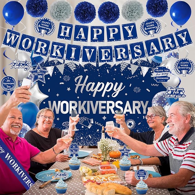 DARUNAXY Happy Workiversary Party Decorations for Men Women, Blue Silver Happy Work Anniversary Banner Cake Topper Hanging Swirl Confetti Balloons Decor Set for Employee Office Party Supplies(31PC)