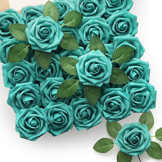 Mocoosy 50Pcs Rose Artificial Flowers, Teal Green Fake Roses for Decorations, Real Touch Foam Roses Bulk with Stem DIY Wedding Bouquet Mother's Day Floral Arrangement Bridal Shower Party Home Decor
