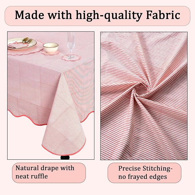 Ridhi Blush Coral Stripe Block Print 60x90 Rectangle Tablecloth Table Cover for Dining Tables, Handcrafted Farmhouse Kitchen Decor, Washable, Decorative Tablecloths for Spring, Easter, Valentine