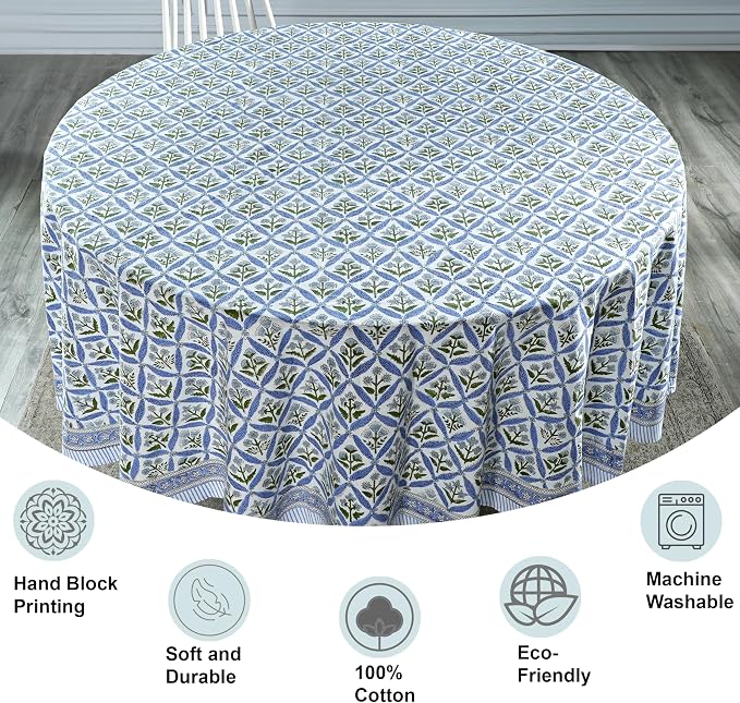Ridhi Round Tablecloth Hand Block Print 100% Cotton Reusable Light Steel Blue 132 Inch Table Cover Decorative Everyday Use for Dining, Home, Party, Wedding, Farmhouse Gift for Spring, Mother's Day