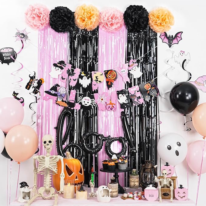 Pink Halloween Party Decorations Set,Include HAPPY HALLOWEEN Banner,Foil Balloons,Cute Hanging Swirl,Fringe Curtain,Paper Pompoms Indoor Outdoor Halloween Party Supplies