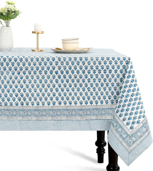 CPC Apatite Blue Floral Hand Block Printed 100% Cotton Tablecloth 60x120 Rectangular Reusable and Washable Boho Dining Table Cloth Thanksgiving