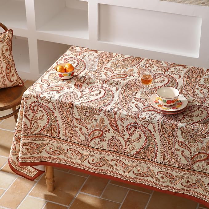 ISAENNE Designer Vintage Linen Rectangular Tablecloth,110"x63"-Chauffrey D | Vintage French Table Cloth Rectangle Table,Cashew Pattern,Durable,Heavyweight,Dining,Kitchen,Tea Party,Thanksgiving