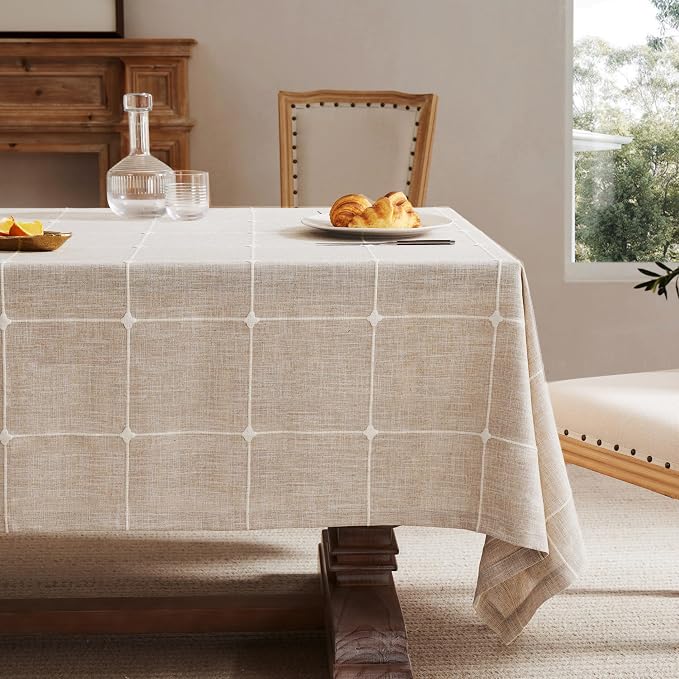 ZeeMart Grid Embroidered Hemmed Tablecloths, Taupe 52x52 Inch, Farmhouse Style Heavy Weight Cotton Linen Beige Tablecloths, Boho Plaid Water Resistant Square Table Cloth