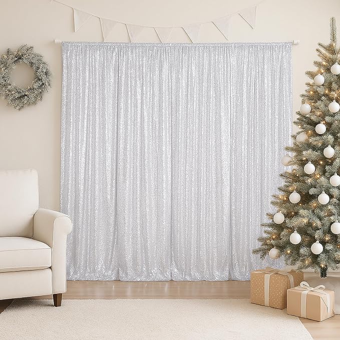 PartyDelight Silver Sequin Backdrop Curtains 2x8ft 4 Panels | 3mm stitched sequin curtain with 4 inch rod pocket for 2x8ft 4 panel fuller wall coverage pleated backdrop and 8ft stand