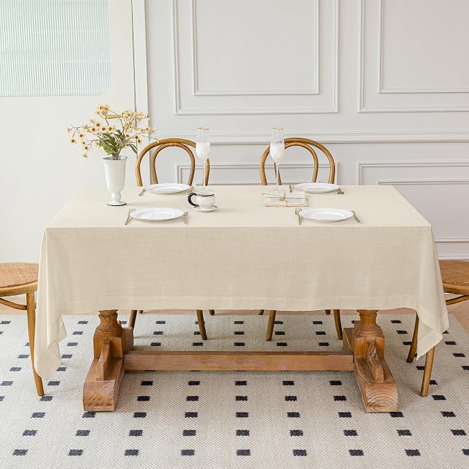 Linen World Linen Tablecloth 108x60 Inch, Rectangular Tablecloth Luxury Texture & Linen Look – Soft, Cool & Breathable Linen Blend Tablecloth for Dining, Kitchen, Outdoor, Easter-Sand Beige