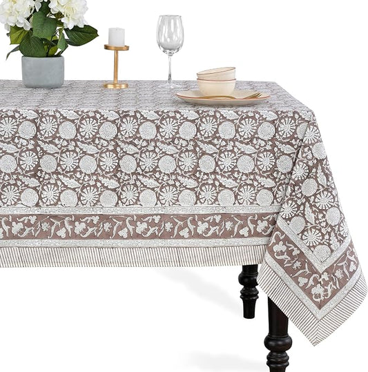 CPC Rustic Brown Tablecloth 100% Cotton 70x108 Inch Indian Block Print Rectangle Table Cover, Table Cloth for Gifting in Weddings, Halloween, Fall, Christmas, Thanksgiving